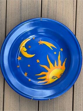 Vintage 1990s Celestial Enamelware Bowl – Cobalt Blue Sun, Moon & Stars